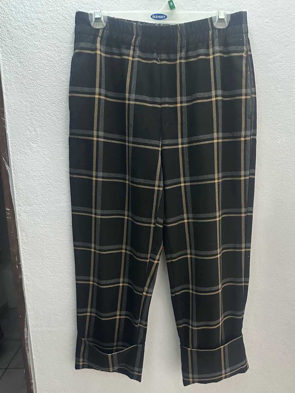 Zara Black Plaid Elastic Waist Straight Pants with Tan Windowpane